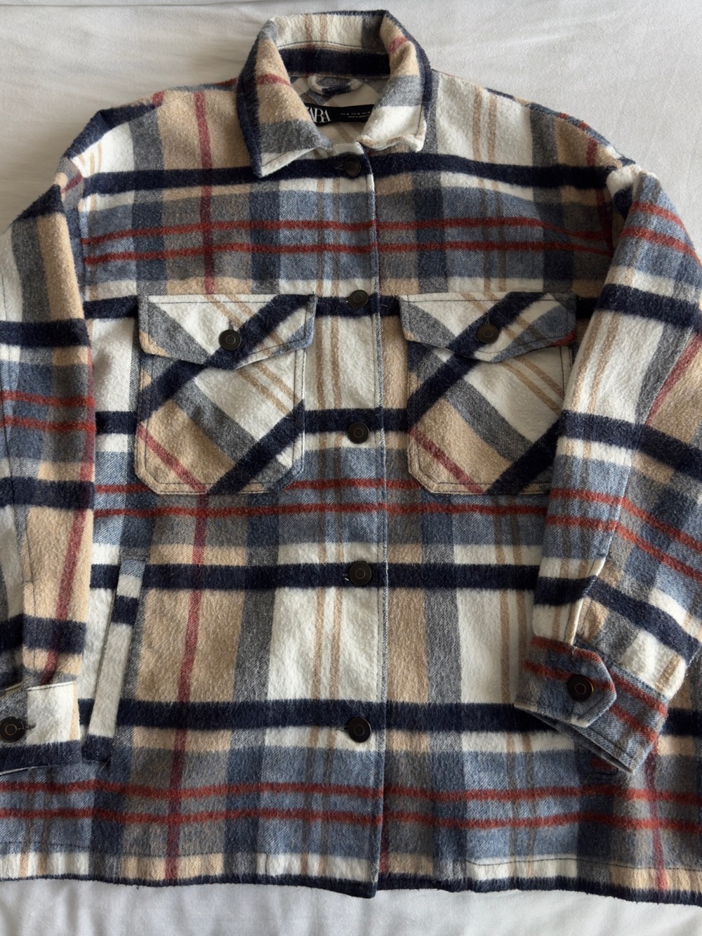 Zara Plaid Utility Shacket in Cream, Navy & Tan with Red Accents